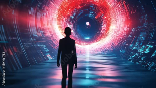 Person in futuristic tunnel with technology background, data stream, and abstract red portal, science concept, exploring cyberspace.