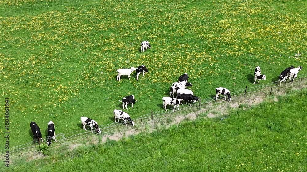 Un troupeau de vaches noires et blanches qui broutent dans un pâturage bien vert avec des fleurs jaunes et blanches au mois de mai en Lorraine