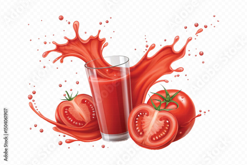 realistic 3d fresh tomato red juice or ketchup sauce splashes in different style isolated on transparent background