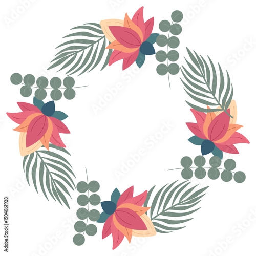 Circular jungle-themed frame featuring tropical leaves, lush foliage, and lotus flowers. Ideal for invitations, covers, banners, and greeting cards. Vector tropical scene