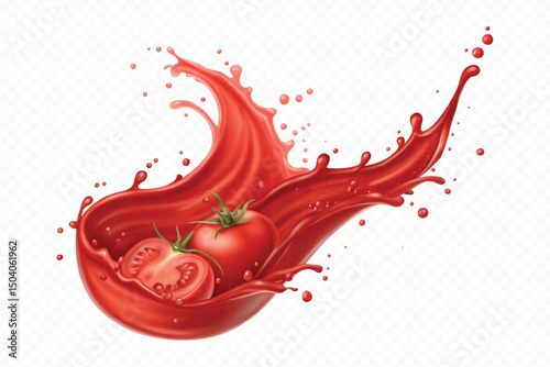 realistic 3d fresh tomato red juice or ketchup sauce splashes in different style isolated on transparent background