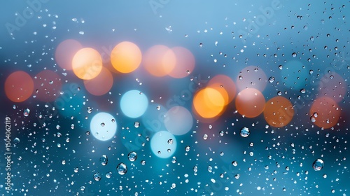 rainy season background with water droplets and fog Close-up of rain droplets on window with blurred city lights in background, creating ambiance.