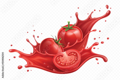 realistic 3d fresh tomato red juice or ketchup sauce splashes in different style isolated on transparent background