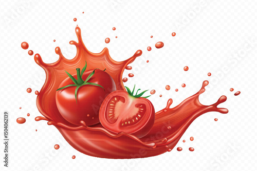 realistic 3d fresh tomato red juice or ketchup sauce splashes in different style isolated on transparent background