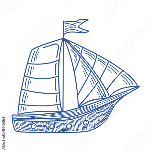 Hand-drawn sailboat in blue outline on white background. Nautical vintage style. Perfect for summer designs, kids prints, or marine-themed projects. Vector illustration