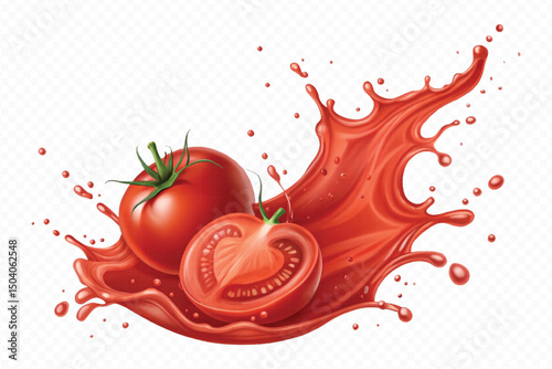 realistic 3d fresh tomato red juice or ketchup sauce splashes in different style isolated on transparent background