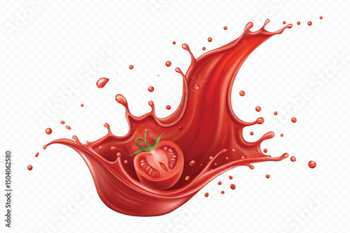 realistic 3d fresh tomato red juice or ketchup sauce splashes in different style isolated on transparent background