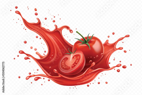 realistic 3d fresh tomato red juice or ketchup sauce splashes in different style isolated on transparent background
