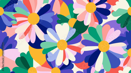 Colorful abstract geometric daisy flowers in Nordic folk style