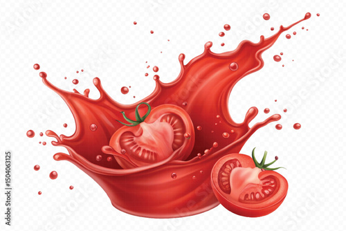realistic 3d fresh tomato red juice or ketchup sauce splashes in different style isolated on transparent background