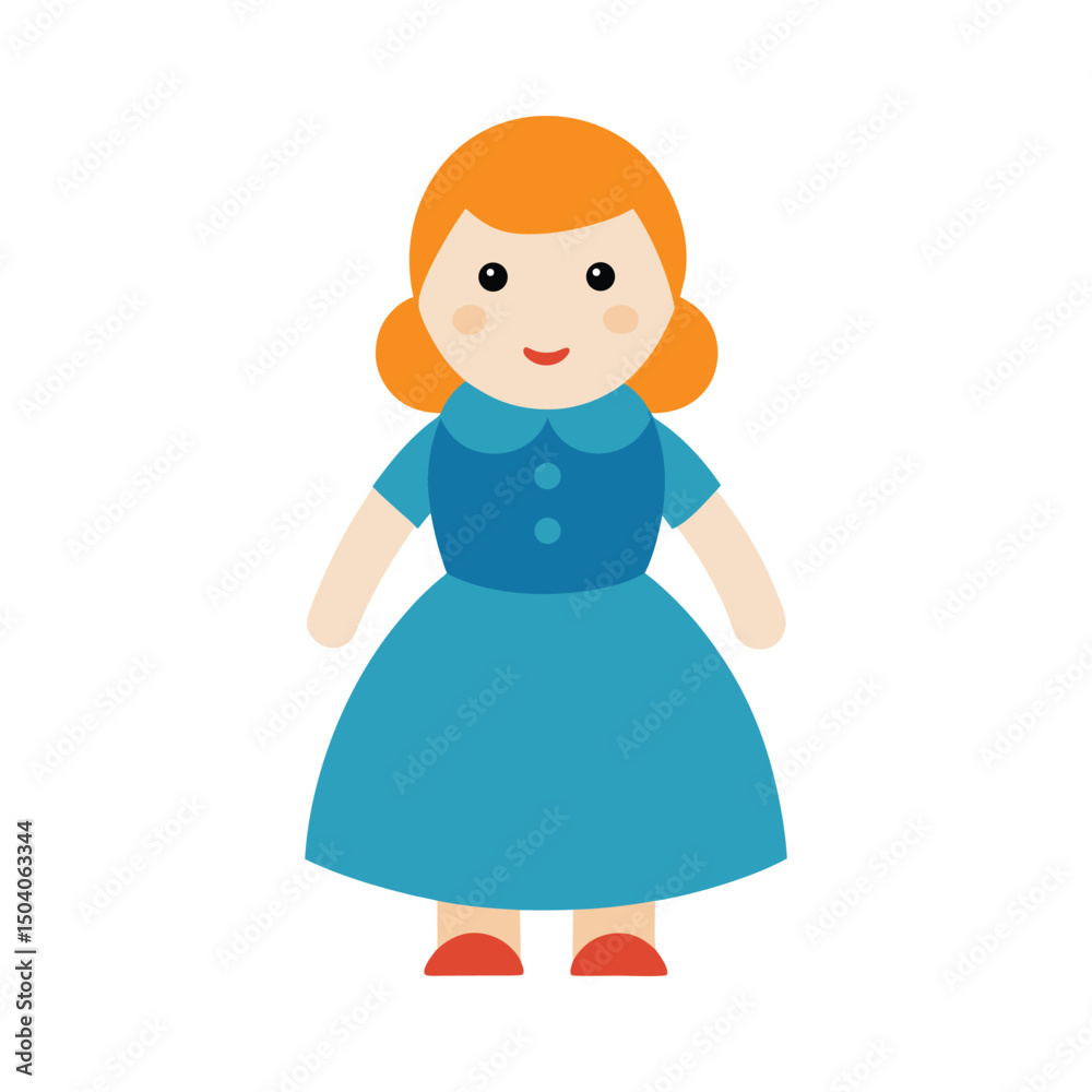 Cute cartoon woman with orange hair and blue dress smiling cheerfully Cute cartoon woman with orange hair and blue dress smiling cheerfully
