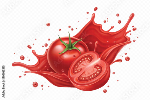 realistic 3d fresh tomato red juice or ketchup sauce splashes in different style isolated on transparent background