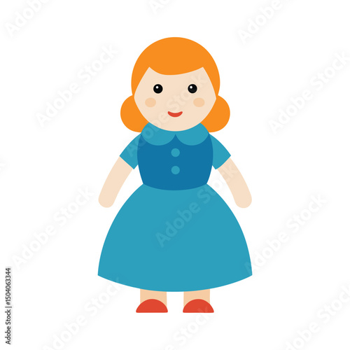 Cute cartoon woman with orange hair and blue dress smiling cheerfully