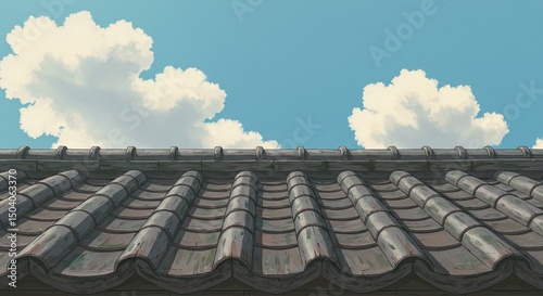 Anime Style Traditional Japanese Rooftop Against Blue Sky and Clouds
