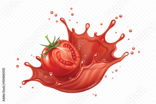 realistic 3d fresh tomato red juice or ketchup sauce splashes in different style isolated on transparent background