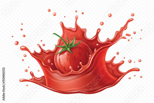 realistic 3d fresh tomato red juice or ketchup sauce splashes in different style isolated on transparent background