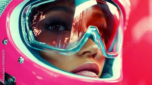 An artistic portrayal showcases a model adorned in a striking helmet and bold makeup, immersed in a vibrant urban environment filled with rich colors and modern aesthetics