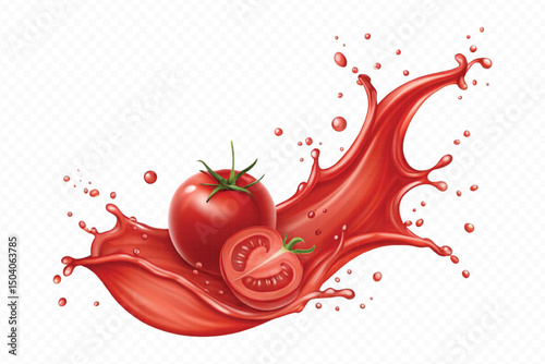 realistic 3d fresh tomato red juice or ketchup sauce splashes in different style isolated on transparent background