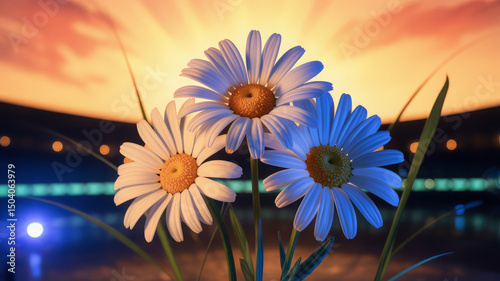 Three blooming daisies in warm sunlight with a glowing sunset and bokeh lights in the background, 