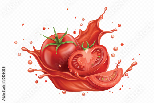 realistic 3d fresh tomato red juice or ketchup sauce splashes in different style isolated on transparent background