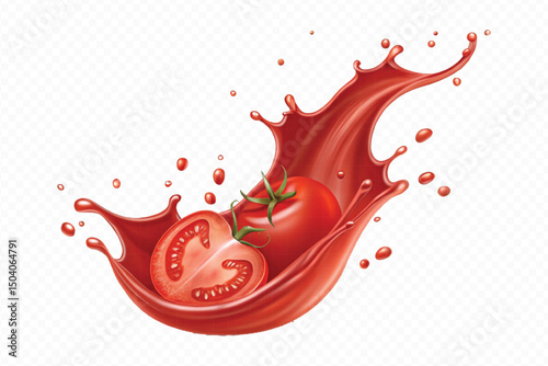 realistic 3d fresh tomato red juice or ketchup sauce splashes in different style isolated on transparent background