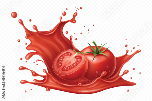 realistic 3d fresh tomato red juice or ketchup sauce splashes in different style isolated on transparent background