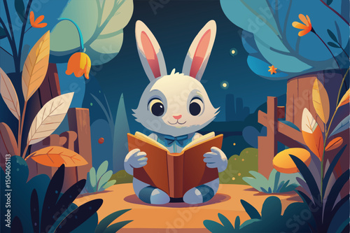 Adorable Rabbit Reading in a Magical Forest at Night