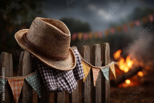 Festa junina straw hat on fence by bonfire