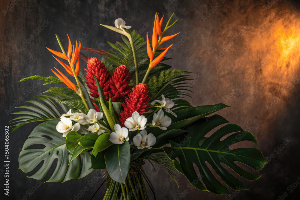 Fototapeta premium A beautiful, artful arrangement of tropical flowers and green foliage set in a studio.