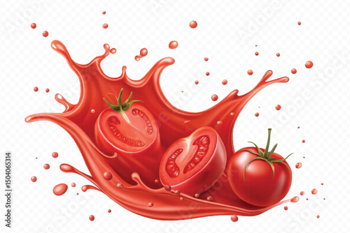realistic 3d fresh tomato red juice or ketchup sauce splashes in different style isolated on transparent background