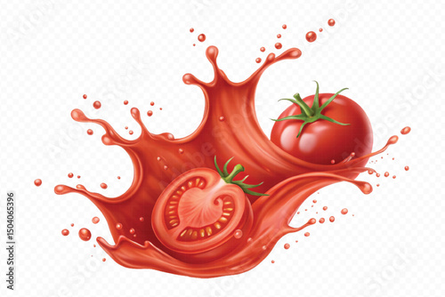 realistic 3d fresh tomato red juice or ketchup sauce splashes in different style isolated on transparent background