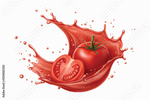 realistic 3d fresh tomato red juice or ketchup sauce splashes in different style isolated on transparent background