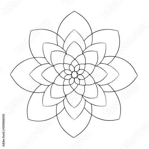 An elegant flower shape is meticulously crafted using only crisp black lines on white