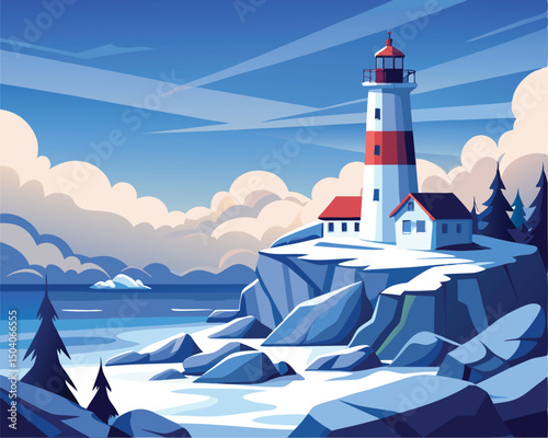 Lighthouse on a Snowy Clifftop. A Majestic Winter Seascape