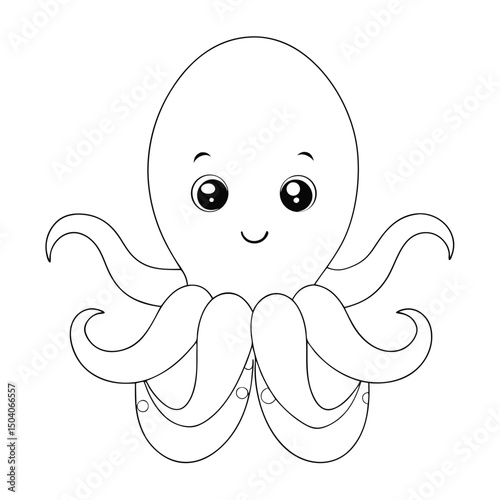 An adorable monochrome octopus with big eyes smiles, its tentacles adorned with tiny circles