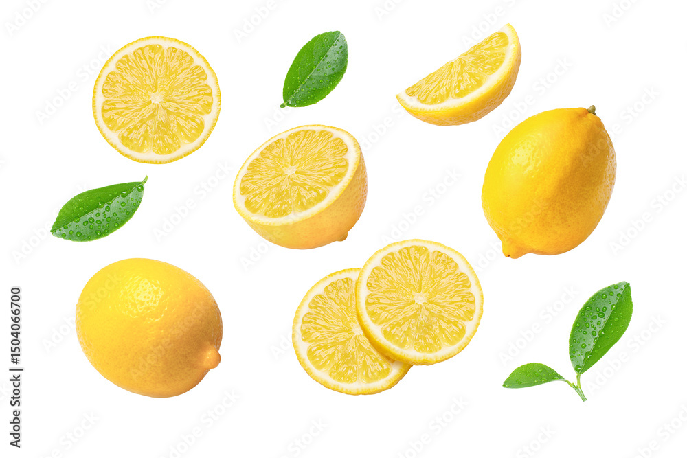 Fototapeta premium yellow lemons with leaf and slices flying isolated on white background