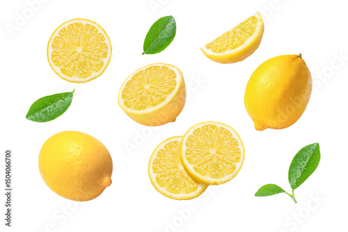 yellow lemons with leaf and slices flying isolated on white background
