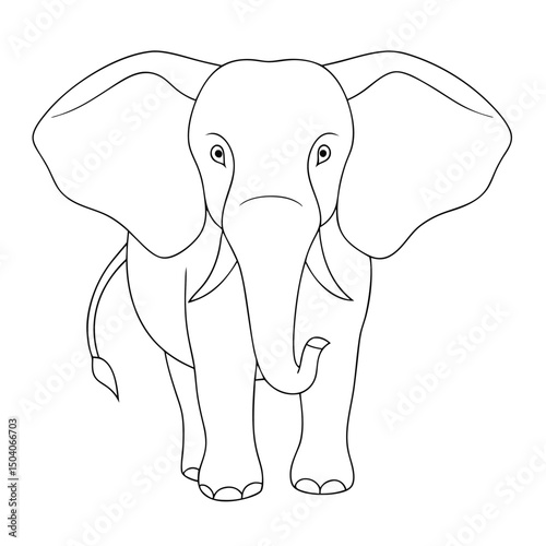 An outlined African elephant standing calmly shows detail in its large ears and trunk