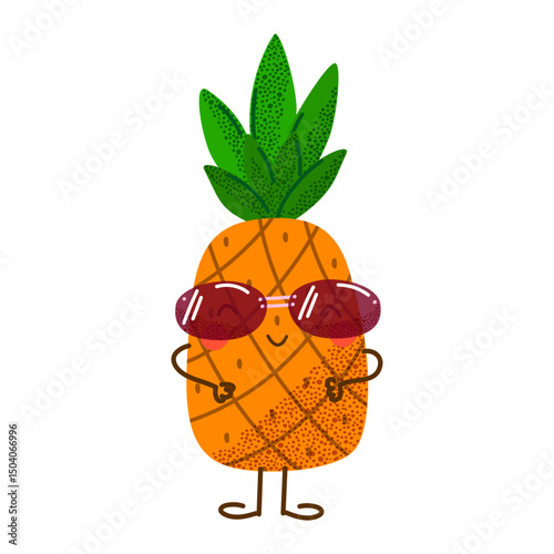 Cute cartoon pineapple fruit in sunglasses. Happy summer design for kids, prints, and decoration. Vector illustration