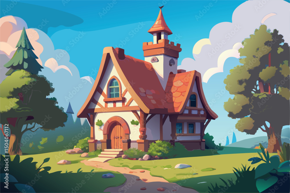 Naklejka premium Fairytale House in a Lush Forest. A Whimsical Cartoon Illustration