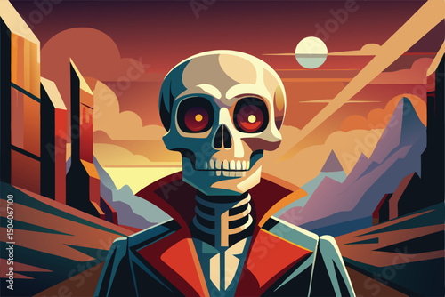 Skeletal Figure in a Gloomy Sunset Landscape