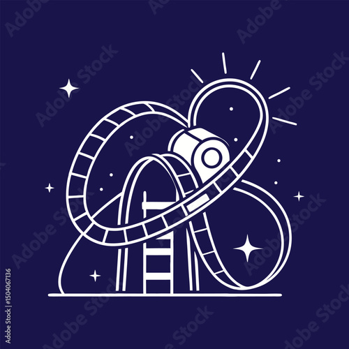 Minimalist rollercoaster illustration on dark blue background with sparkling stars