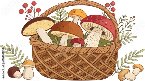 Mushroom in Wicker Basket Detailed Vector Illustration on White Background