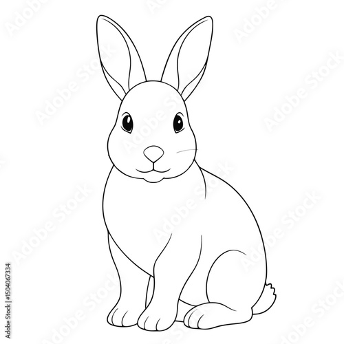 Black outlined rabbit sits peacefully displaying its form against a white background for coloring