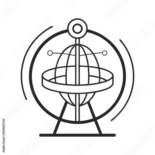 Atomic age iconography minimalist drawing depicting orbiting atom and futuristic globe stand
