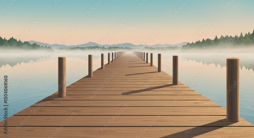 Obraz premium Misty Lake Wooden Pier at Dawn - Serene Anime Style Landscape