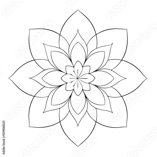 Symmetrical flower with black line art reveals intricate petal arrangements creating unique artwork