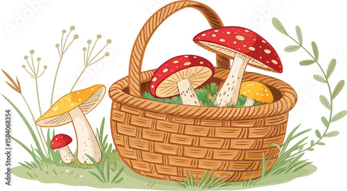 Mushroom in Wicker Basket Vector Illustration on White Background for Design Use