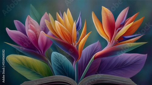Vibrant floral arrangement of exotic birds of paradise flowers.