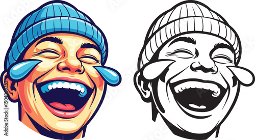 A vibrant vector illustration of a man with tears of joy from laughter, wearing a blue beanie in black and white figure